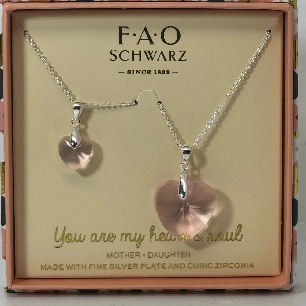 FAO Schwarz Fine Silver Pink Crystal Heart Pendant 2 Pc Necklace Set
